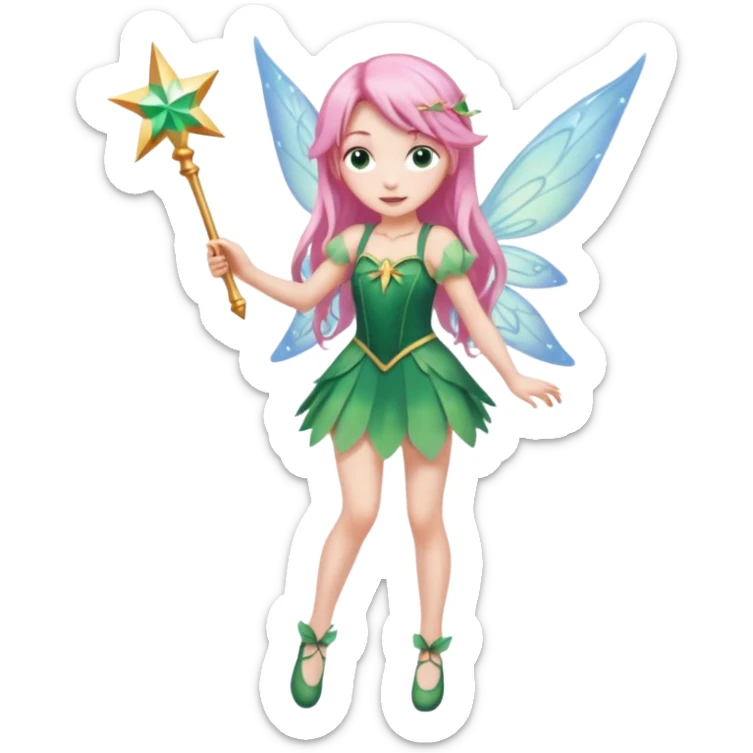 A flower fairy girl with long, light pink hair, holding a magic wand, one leg straight and the other bent, her whole body covered in fairy wings like Wendy's in Peter Pan. sticker