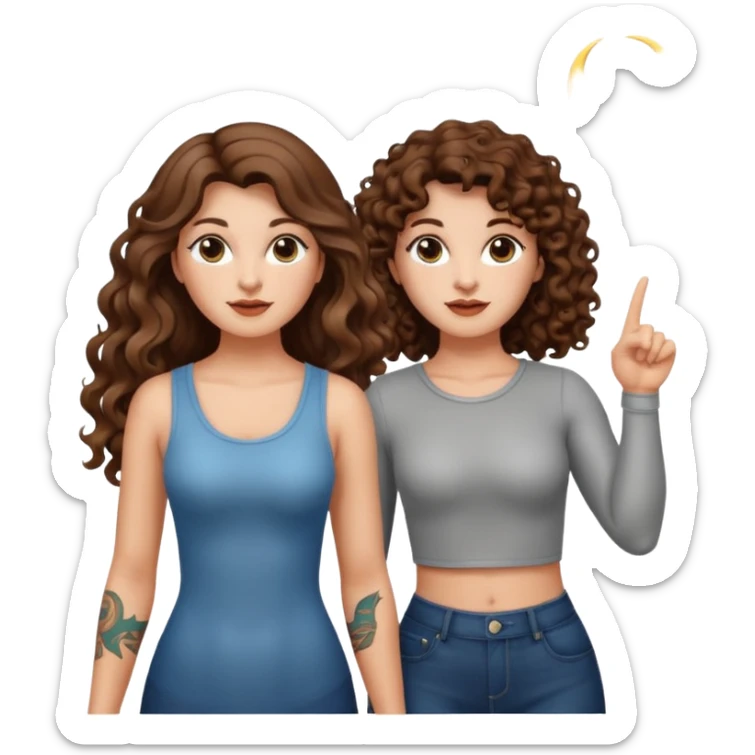 moon symbol discovery — long wavy brown hair tattooed woman and short tight curly brown hair woman — pointing up sticker