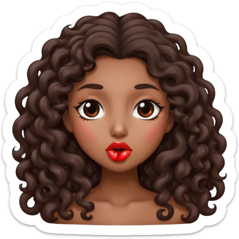 Brown woman with dark brown long curly hair with a kiss face sticker