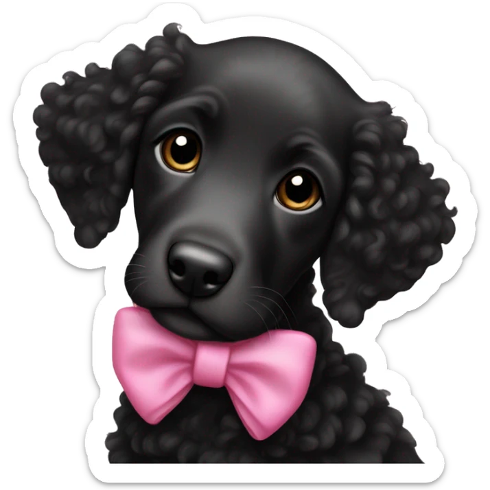 female black curly retriever puppy with pink bows above her ears sticker