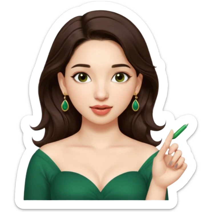 pretty bratz genmoji that looks like tamannah bhatia (bollywood actress), wearing a dark green sweetheart neckline top, dark brown hair, light makeup, no necklace, dangly earrings, side hair part, fair. dark brown eyes


Show her licking her finger  sticker