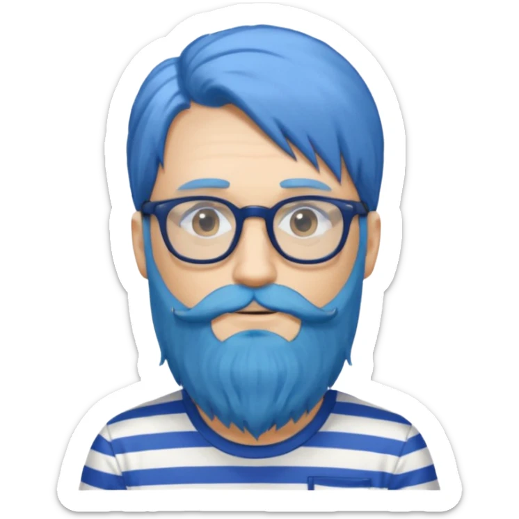 man with long blue hair, glasses, and a long beard and wearing a striped t-shirt sticker