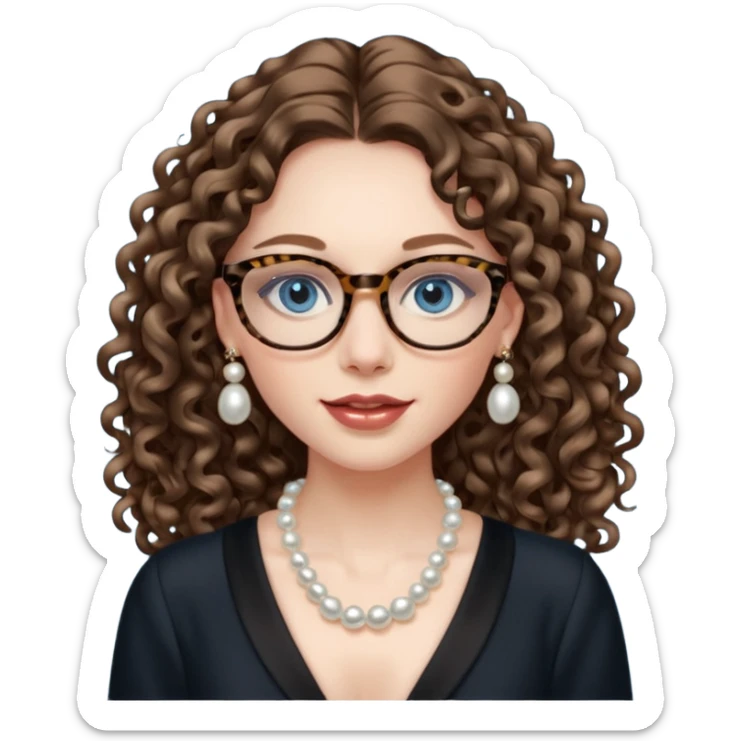 a blue eyed woman with very long brunette curly hair, full lips,and really pale skin. She is wearing a leopard printed thin round-ish glasses . She is wearing fully plain silky black dress. She is wearing pearl necklase and pearl earrings. saying hello sticker