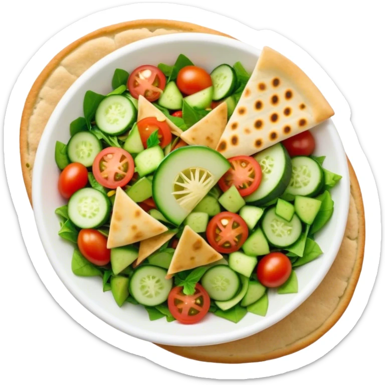 Cinematic Realistic Fattoush Salad Dish Emoji, depicted as a colorful medley of greens, tomatoes, cucumbers, and crispy pita rendered with vibrant textures and refreshing lighting. sticker