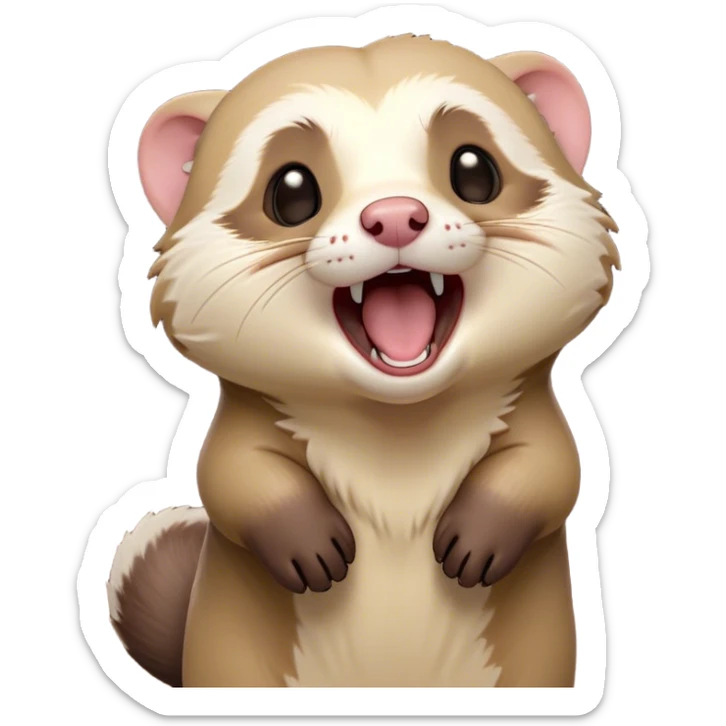 Cinematic Cute Yawning Ferret Portrait Emoji, Head tilted slightly with an exaggerated, wide-open yawn, showcasing a long, flexible body with a plush coat in soft brown and cream, droopy, drowsy eyes, and a relaxed expression, Simplified yet irresistibly endearing features, highly detailed, glowing with a soft, cozy natural glow, high shine, relaxed yet expressive, stylized with a dash of whimsical charm, soft glowing outline, capturing the essence of a sleepy yet affectionate ferret that seems ready to curl up for a nap! sticker