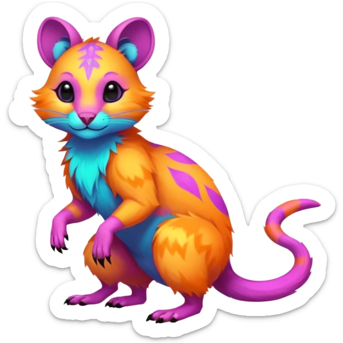 Neon-colored fantasy feline-rodent-marsupial-critter-vernid-fursona animal creature full body with intricate markings  sticker
