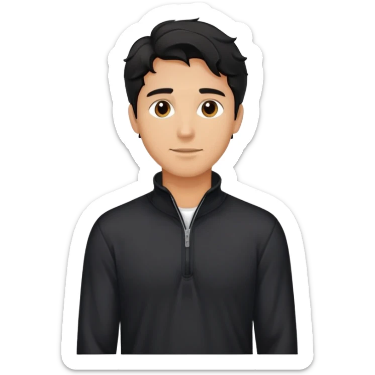 Relaxed fit black quarter-zip shirt on man with wavy black hair, not form-fitting sticker