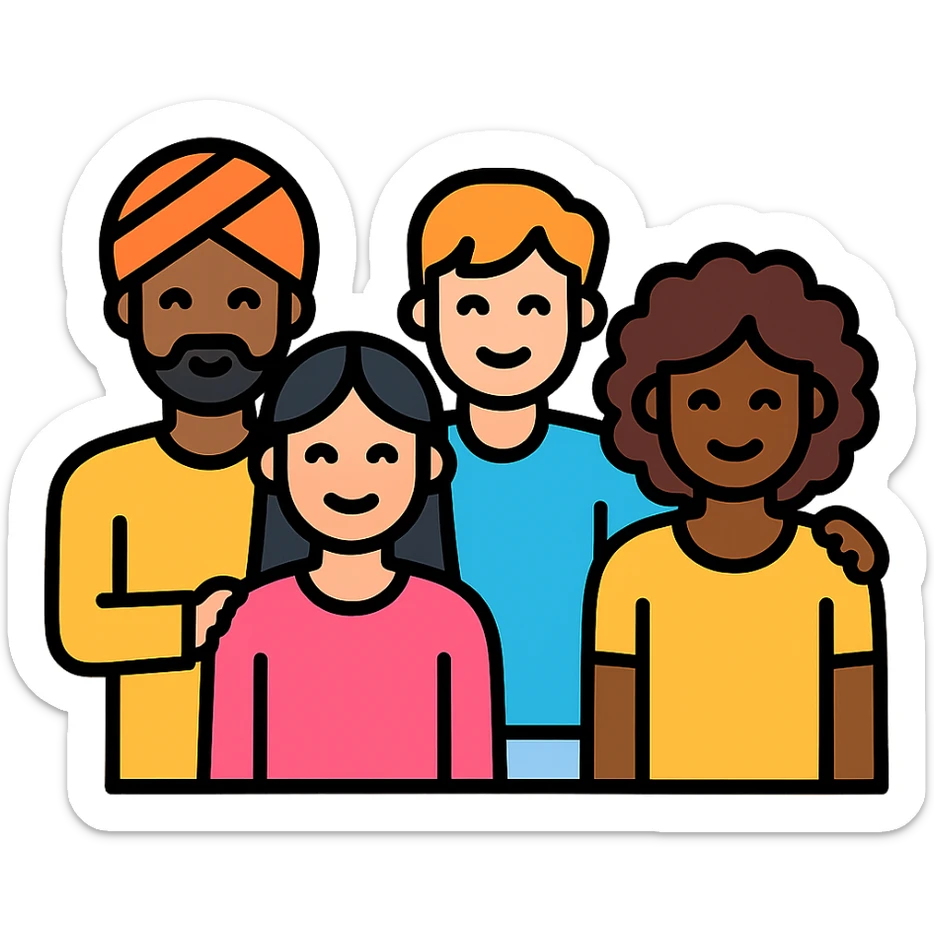 icon of a diverse group, including people with different hairstyles and cultural backgrounds, friendly and welcoming sticker