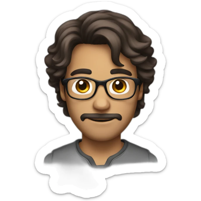 guy with curled mi-long hair, brune, with glasses, with small facial hair sticker