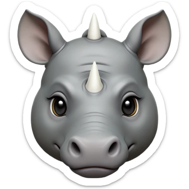 cinematic-noble-cute-rhinoceros-portrait-emoji,slate-grey-hide-poised-and-regal,-with-a-massive,-powerful-build-and-a-thick,--deep-set-soulful-piercing-eyes,-simplified-yet-sharp-and-sophisticated-features,-highly-detailed,-large-black-eyes, white horn, front facing, zoomed out showing shoulders sticker