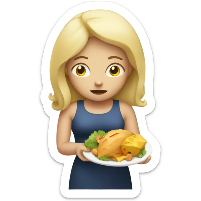 a sad ovweweight blondie woman with a plate of food sticker