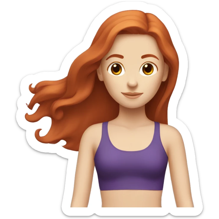 a redhead girl with long hair doing pilates, her clothes are dark purple sticker