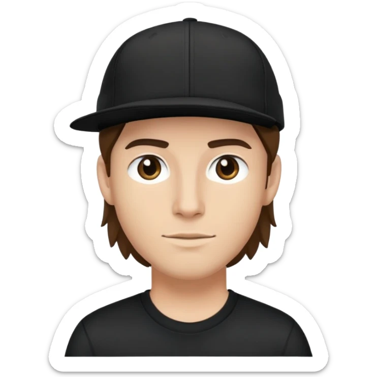 a white bro with brunette hair, wearing a black cap and a black shirt sticker