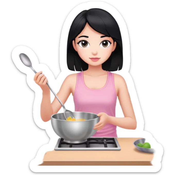 girl with black hair and black eyes white tone skin wearing pink pastel tanktop, and holding a silver bowl cooking or mixing something sticker