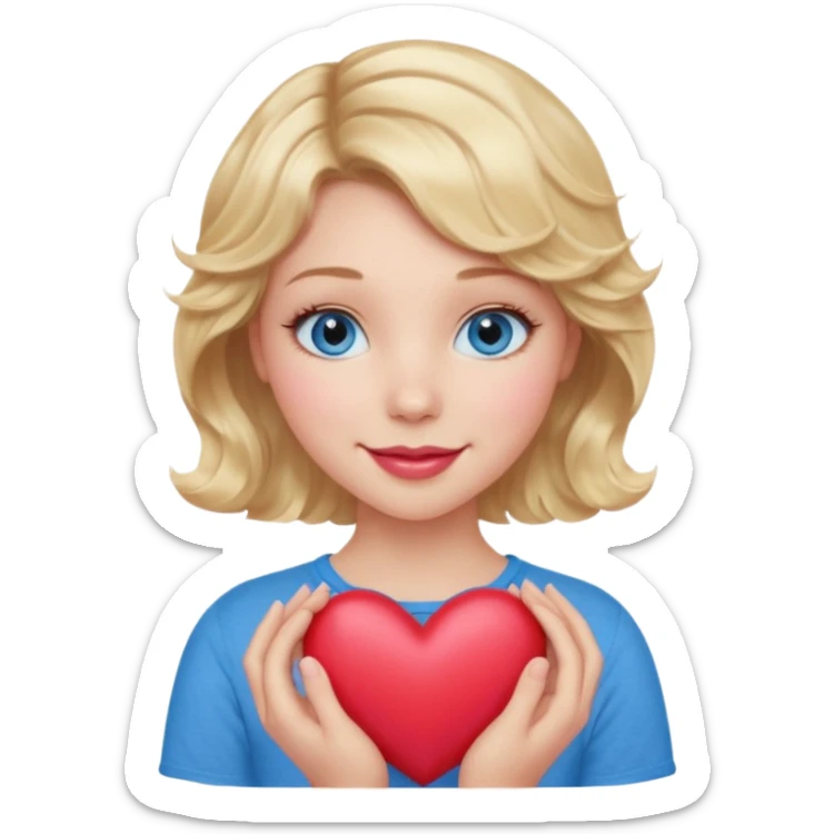 Girl Blonde short wavy hair,  blue eyes, cute blue top, long lashes, pink lips, smiling, holding a big heart sticker
