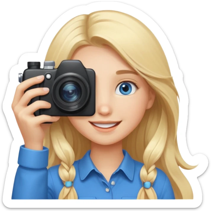  blue eyes blonde girl photographer cartoon taking picture in middle of taking picture camera in front of face long hair smiling funny flash professiona sticker