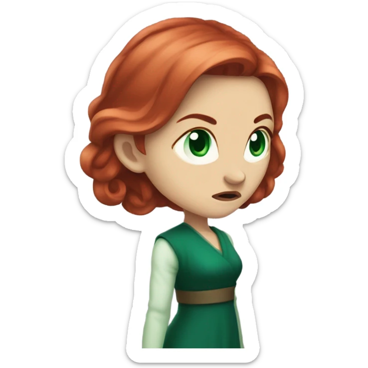 Rich woman, red long hair,  pale-skin, emerald blue-green-eyes,  scowling, very small nose, glaring, angry sticker