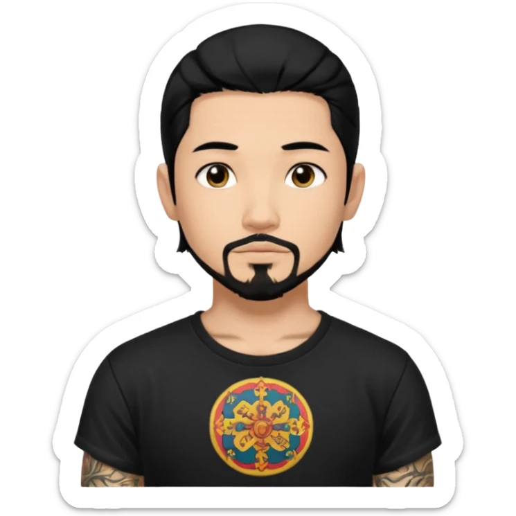 Spanish male. Asian eyes. Chin strap goatee.
Untucked, loose fitting black t-shirt. 
long black hair.
Even More tattoos. 
Peaceful sticker