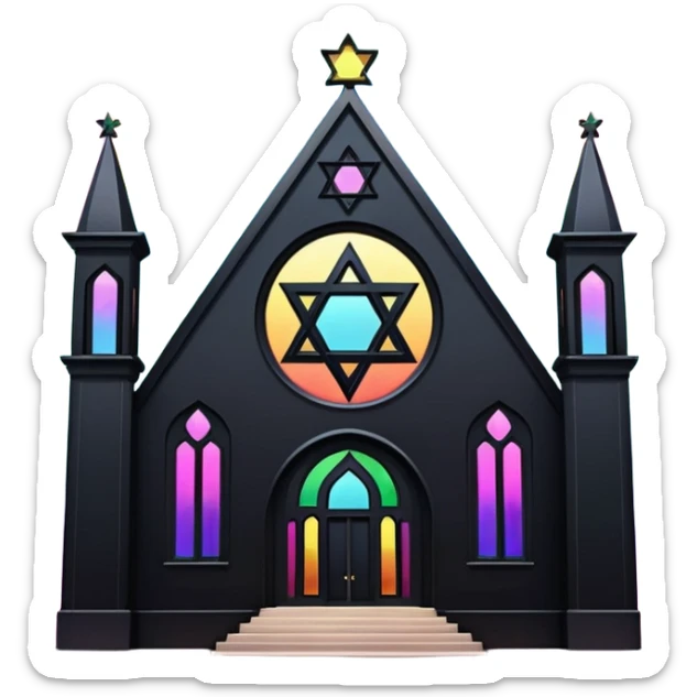 jewish synagogue temple in dark goth aesthetic style with black building and light rainbow tint glass windows and star of david and celestial symbolism sticker