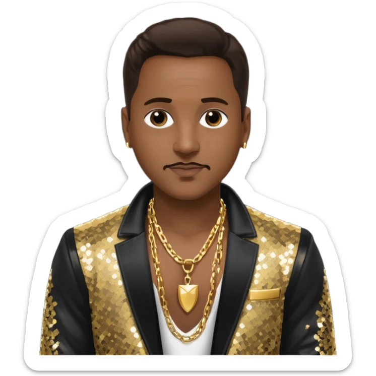 Johnny Gill with dark brown hair, black sequin jacket, shirtless with necklace sticker