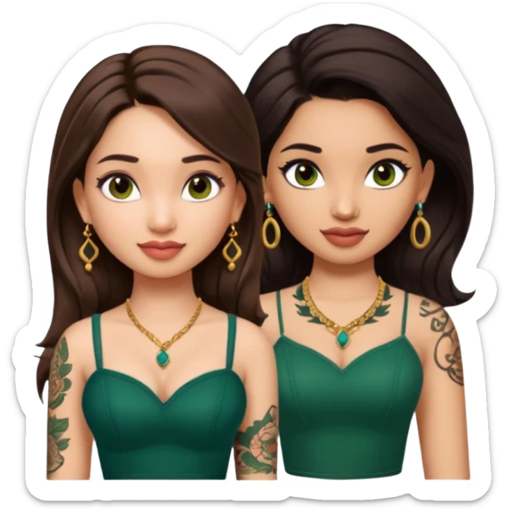 pretty bratz genmoji that looks like tamannah bhatia (bollywood actress), wearing a dark green sweetheart neckline top, dark brown hair, light makeup, no necklace, dangly earrings, side hair part, dark brown eyes, with full tattoos and neck tattoo big sticker