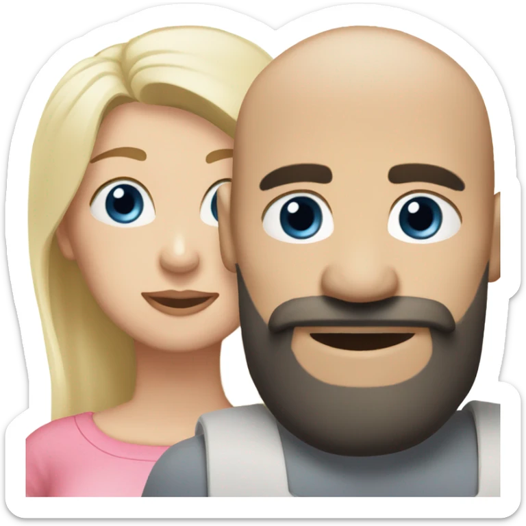 Bald man with thick black beard with white blonde hair blue eyed women with a pig sticker