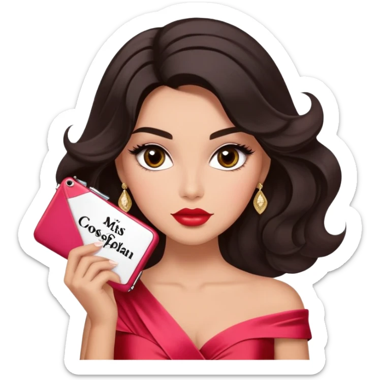 A woman with lighter almond-toned skin, voluminous dark hair in waves, expressive eyes with soft lashes and shimmer, full lips with a glossy nude-pink color, wearing a red dress and a white crossbody sash with “Miss San Juan” in black letters, exuding elegance and confidence. sticker