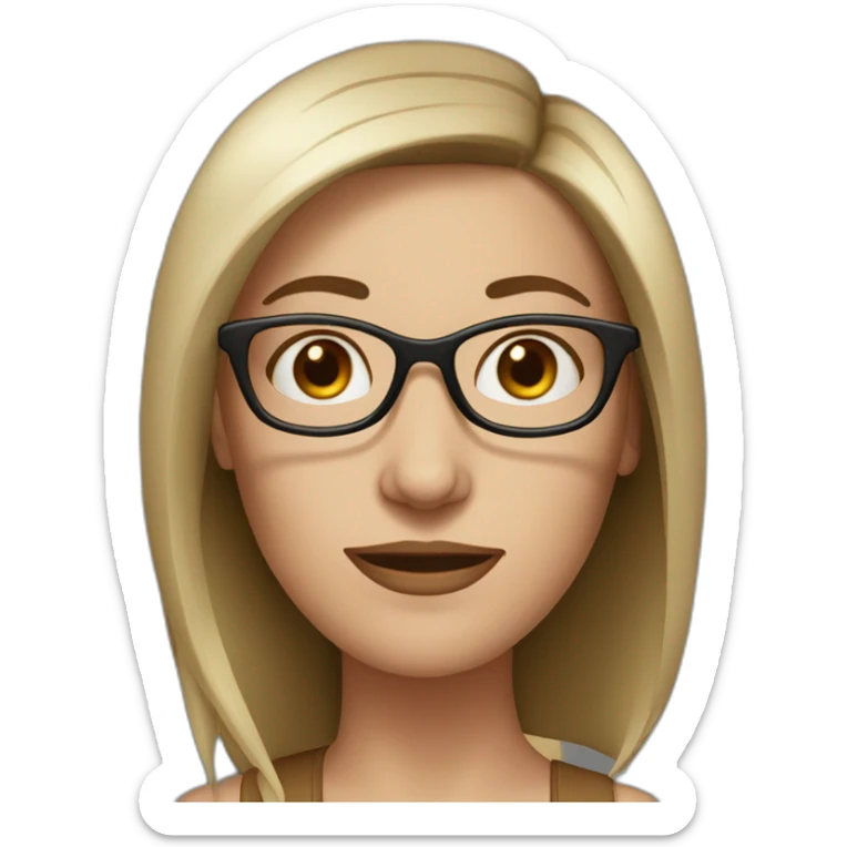 white woman with dark burgundi hair at shoulder level with glasses and big nose. elongated face sticker