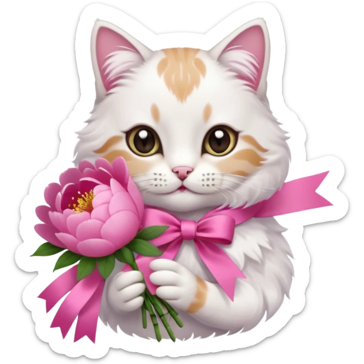 Can you make a cute cat handing out peonies bouquet with a coquette on the boquette sticker