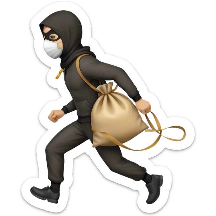 side view of a thief running with a money bag tied to the back sticker
