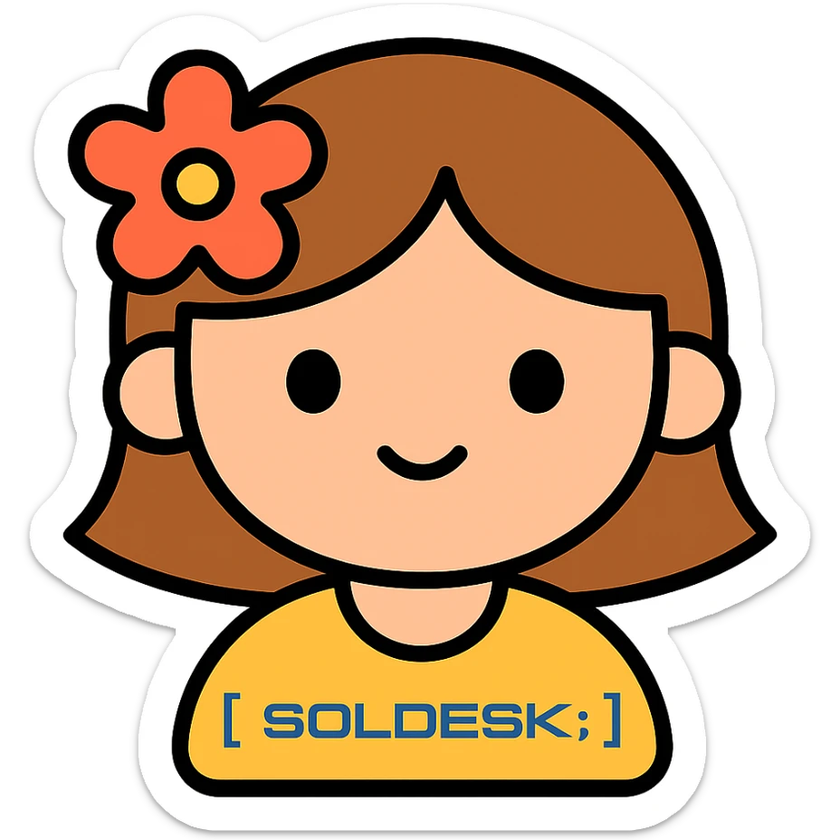 Add the SOLDESK logo to the character's shirt, keep the color outline icon style, no background. sticker