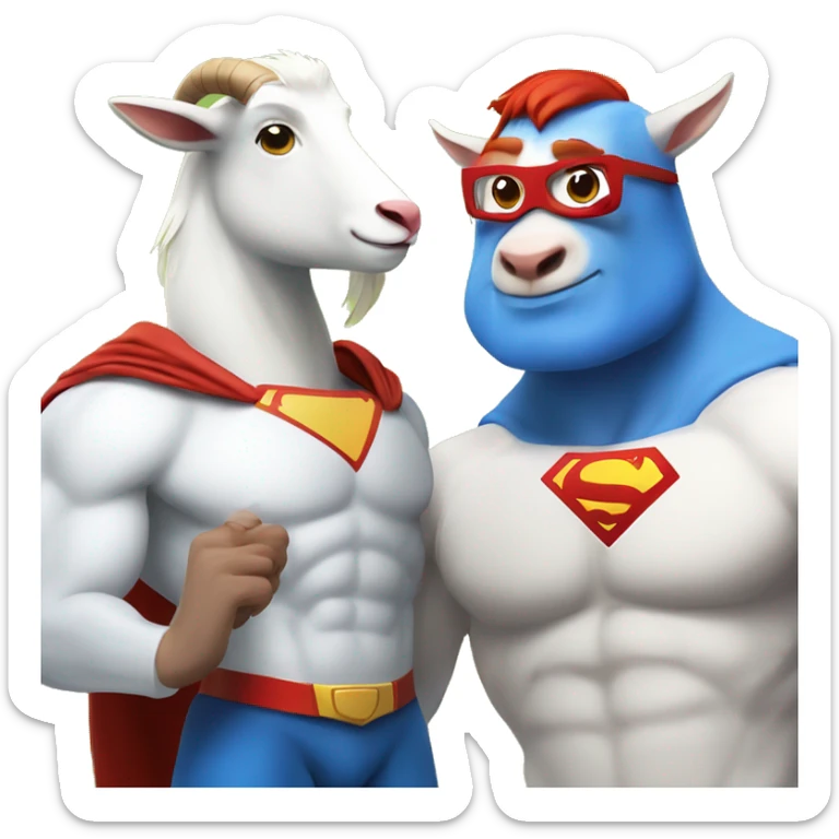 White superman with red hair and red beard flying next to a happy goat with a blue hair.  sticker