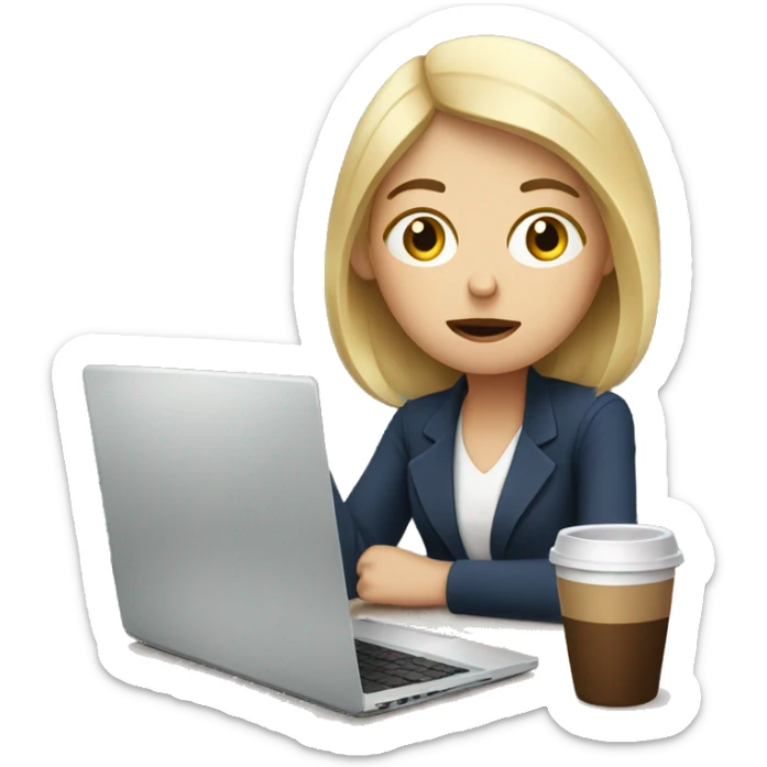 tired french girl with laptop drinking a lot of coffee sticker