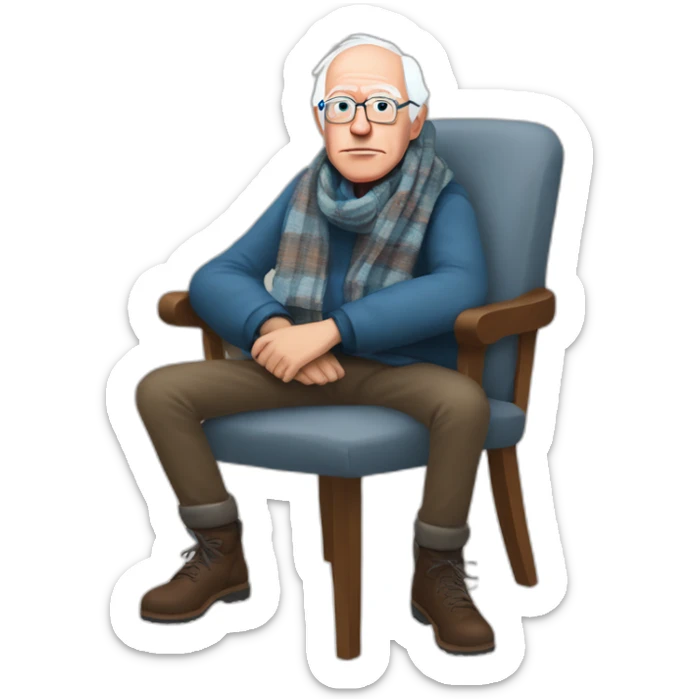 Bernie sanders freezing in chair with legs and arms crossed wearing a scarf sticker
