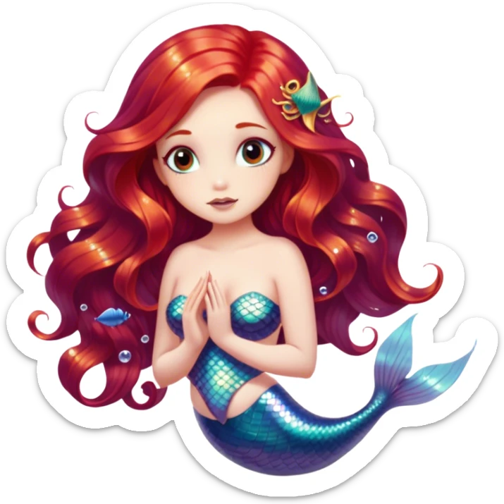 Cinematic Realistic Red Hair Mermaid Portrait, depicted with lifelike porcelain white skin that glows with an ethereal radiance, enhanced by soft underwater lighting. Her intricately detailed, flowing red hair cascades like liquid fire, framing deep, soulful eyes that mirror the mysteries of the deep sea. Accented by shimmering, iridescent scales and delicate aquatic embellishments, the portrait features an enchanting underwater glow that marries realism with mythic ocean elegance. sticker