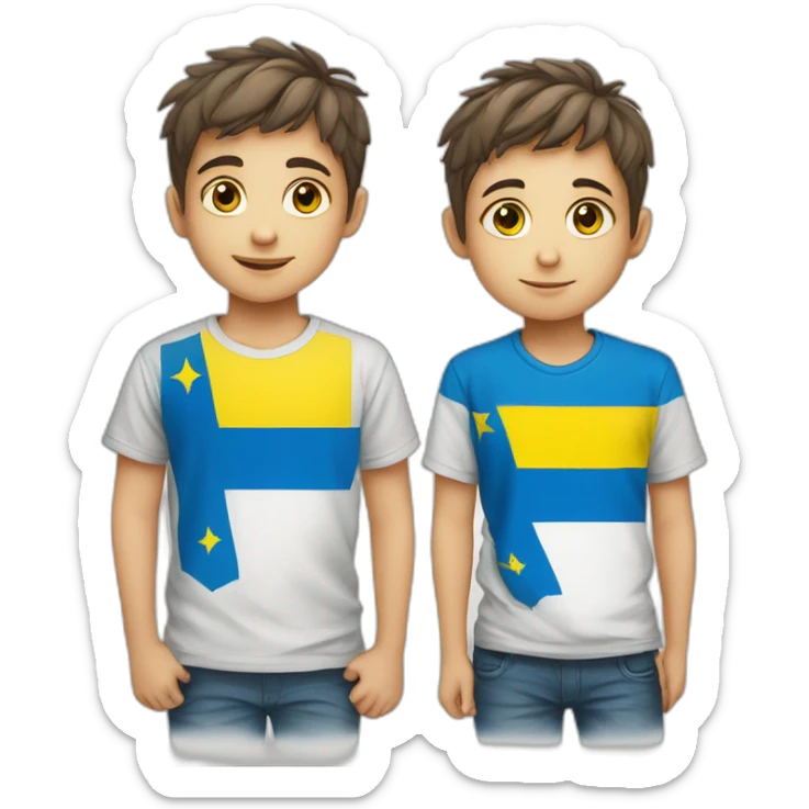 A boy with the flag of Ukraine on his T-shirt stands with the flag of Israel sticker