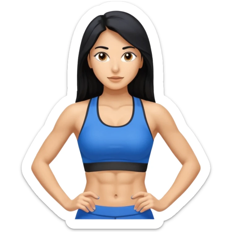Spanish woman olive tone with long black hair, in a blue fitness gym fit with abs, very lean sticker