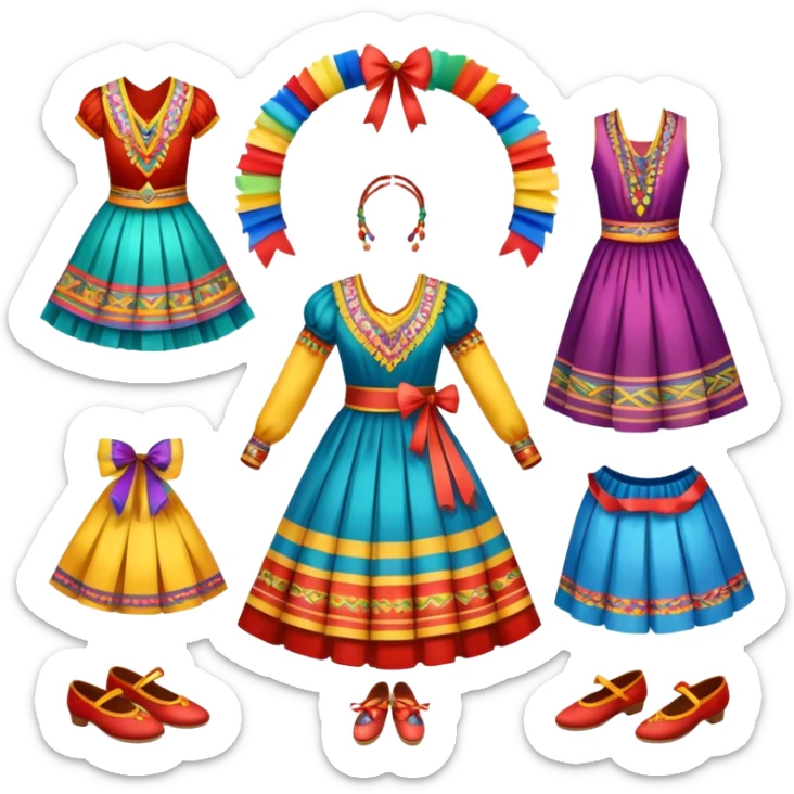 Icon for Folk Dance: close-up traditional dance dress, shoes, colorful folk costumes and a dance circle with ribbons. The icon should represent the vibrant and cultural aspects of folk dancing. Transparent background. sticker