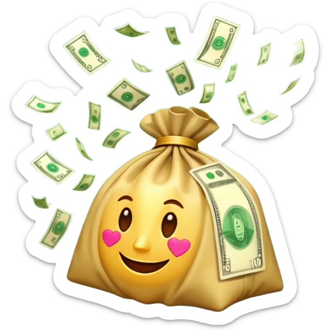 

3D emoji style, big bag of money, flying dollar bills, rich casino vibe, smooth lighting, high detail, clean edges, transparent background



 sticker