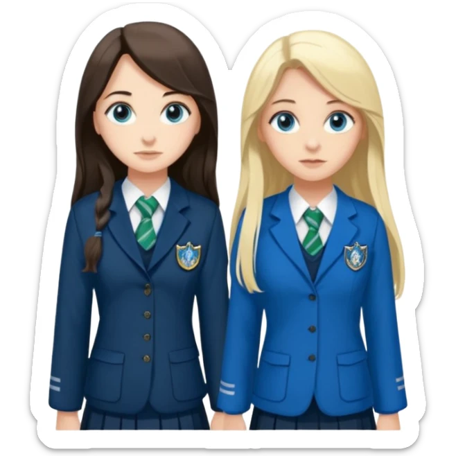 a pretty ravenclaw girl with long dark brown hair and blue eyes standing with a hot Slytherin girl with long blonde hair, blue eyes and big boobs  sticker