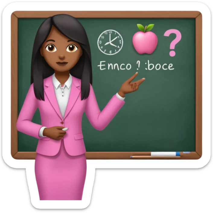a brown skin teacher with hair with black straight long hair wearing pink not hot pink 2 piece set teaching up on a board the board  sticker