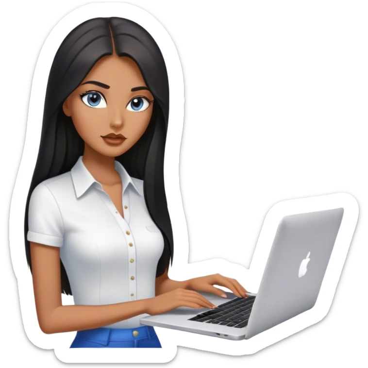 Glamours tanned very beautiful girl with pump nude lips and black straight smooth long hair, blue-grey eyes in white shirt with MacBook. sticker