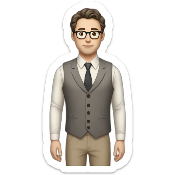 Full height Pale skinned Fit Man With dark brown hair in gray jacket, vest, tie, beige office shirt, Brown pants and vintage glasses. Thrumbs of his palms directed up sticker