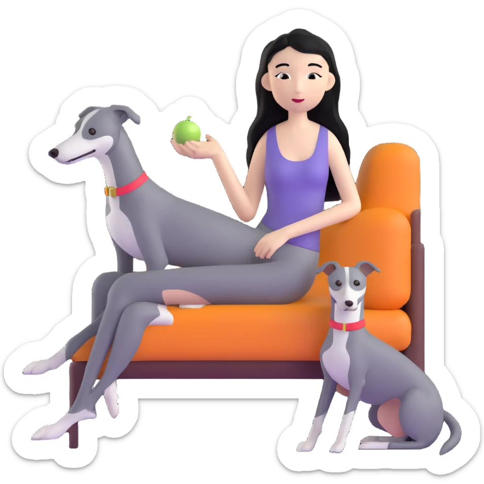 Very thin Chinese woman with long black hair relaxing in a luxurious hotel suite with exactly ONE whippet dog. EXTREME IMPORTANCE: the whippet must be ONE SOLID MEDIUM GREY COLOR (not too dark, not too light) from nose to tail with ABSOLUTELY NO WHITE MARKINGS anywhere - NO white on face, NO white on muzzle, NO white on chest, NO white on paws, NO white on tail - NOTHING BUT A SINGLE SHADE OF MEDIUM GREY throughout the entire animal sticker
