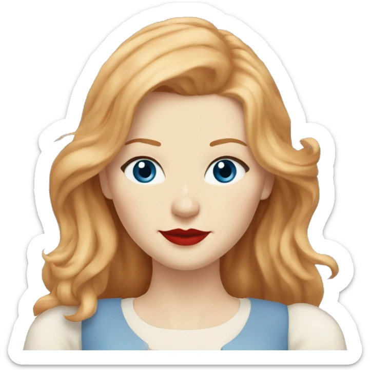 Kirsten Dunst, long red hair, blue eyes, pale skin, red lipstick, white t-shirt, beige skirt sticker