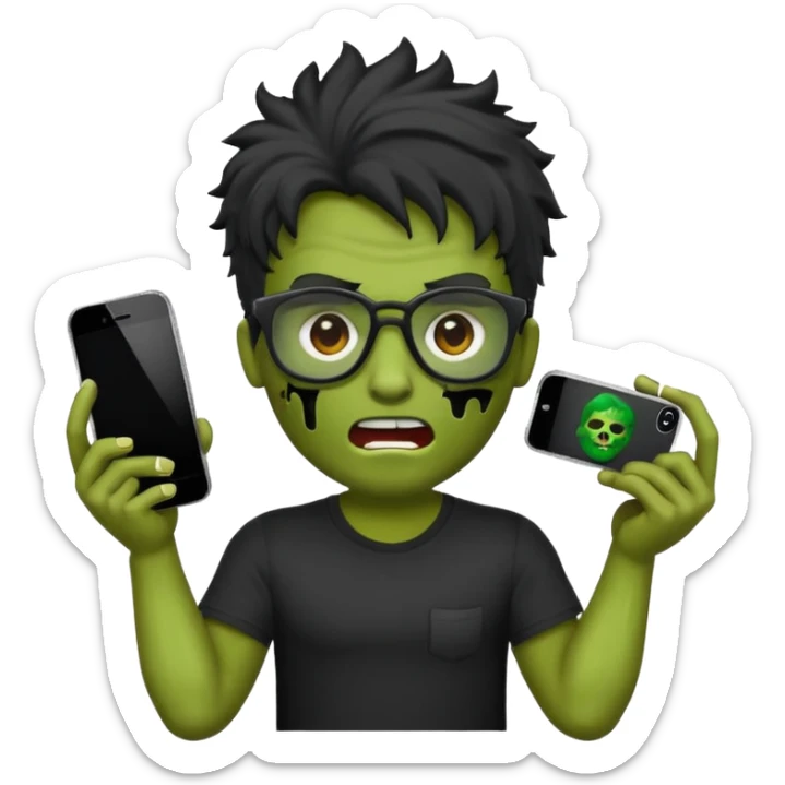 Crie um zumbi estilo emoji do iPhone com cabelo ondulado masculino com camiseta preta e óculos de grau preto sticker