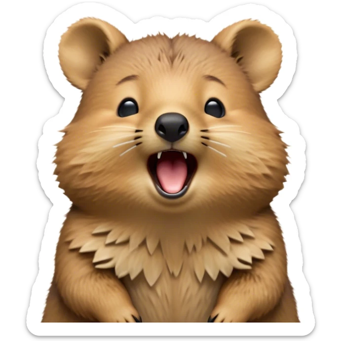 Cinematic Cute Yawning Quokka Portrait Emoji, Head tilted slightly with a dramatic, wide-open yawn, showcasing a soft, downy brown fur with a slightly droopy expression and eyes barely open in drowsy contentment, Simplified yet irresistibly adorable features, highly detailed, glowing with a soft, cozy glow, high shine, relaxed yet expressive, stylized with a touch of playful charm, bright and endearing, soft glowing outline, capturing the essence of a sleepy yet affectionate quokka, so drowsy it feels like it could stretch out of the screen and curl up for a nap! sticker