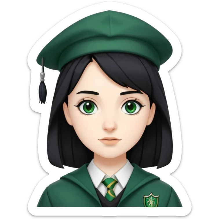 Pansy Parkinson in harry potter, wear hogwarts slytherin uniform, black hair, not wearing hat sticker