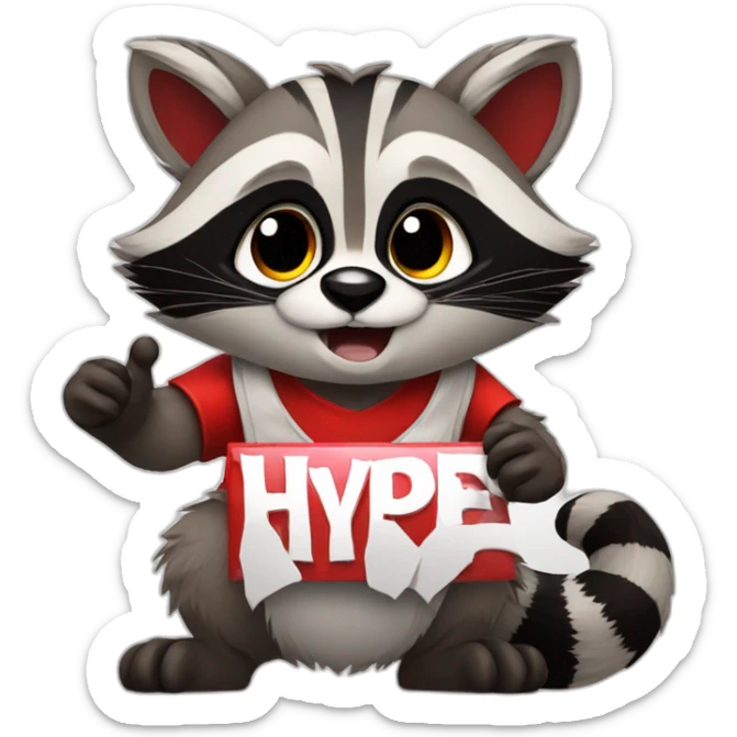 anime raccoon holding a sign that reads "hype" in red font sticker