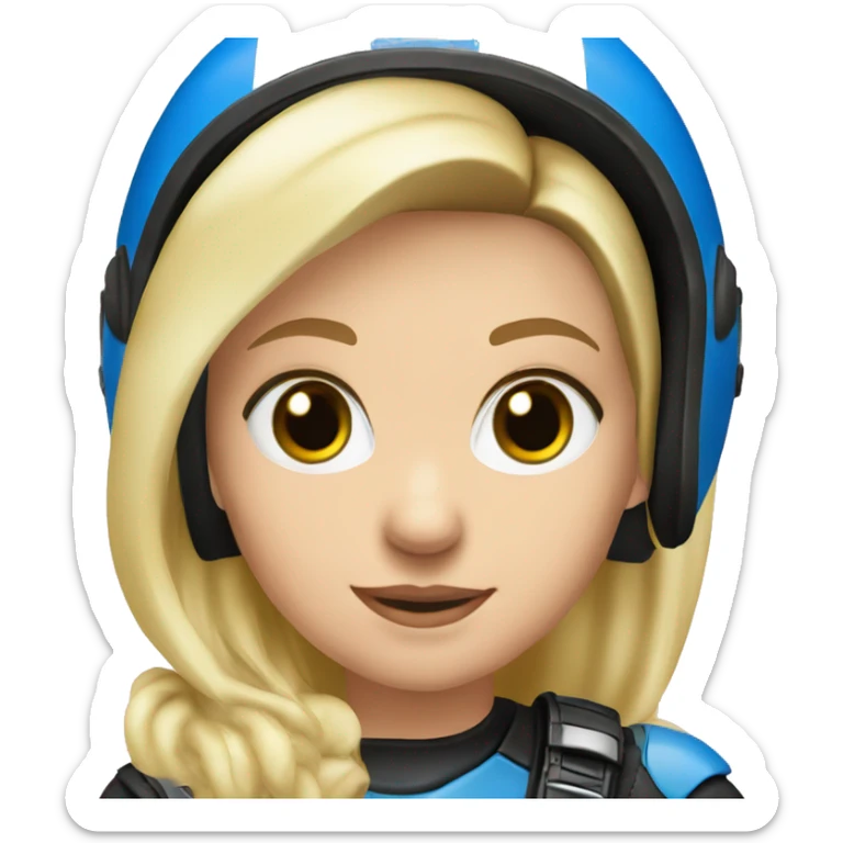 girl, blond, half long hair, blue eyes, with helmet, on bmw motorcycle gs 700 sticker